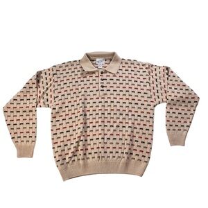Vintage Men's Irvine Park Knit Geometric Cream Sweater Pullover Collar Sz L
